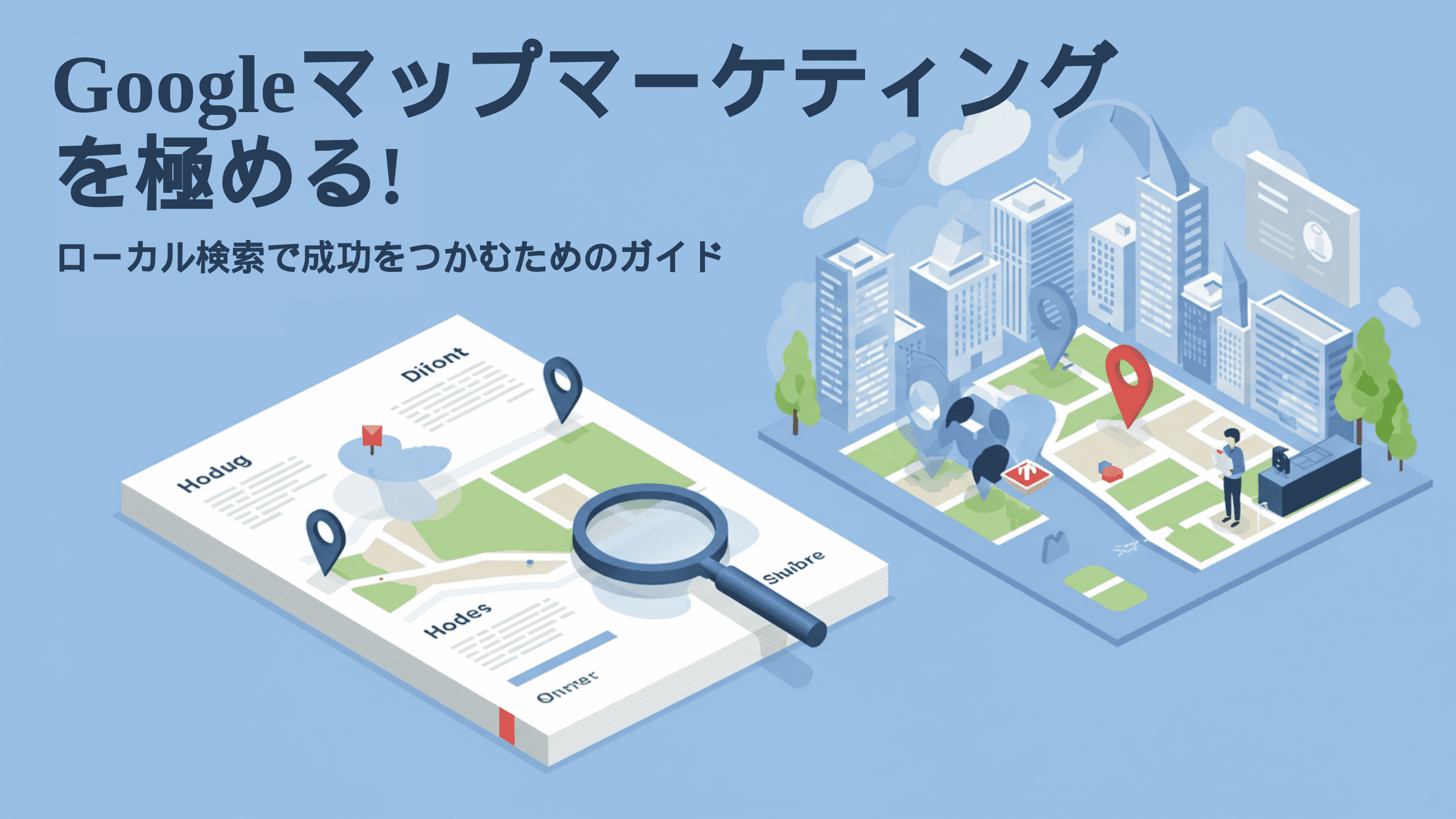 建物と樹木が描かれた 2 つの 3D マップのイラスト。左のマップには、名前の付いた道路に位置ピンと赤いマーカーが表示され、「Google マップマーケティング」が強調表示されています。一方、右のマップにはマップピンと虫眼鏡が表示されています。上部と下部には日本語のテキストが表示されています。.