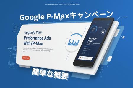 Google P-MAX キャンペーンの 3D レンダリングされたプロモーション グラフィックには、分析ダッシュボードが表示された携帯電話が描かれています。デジタル カードには、「P-MAX でパフォーマンス広告をアップグレード」というテキストが表示されています。青い背景には白とグレーのデジタル要素がアクセントとして使われ、日本語のテキストが添えられてコンテキストが強調されています。.