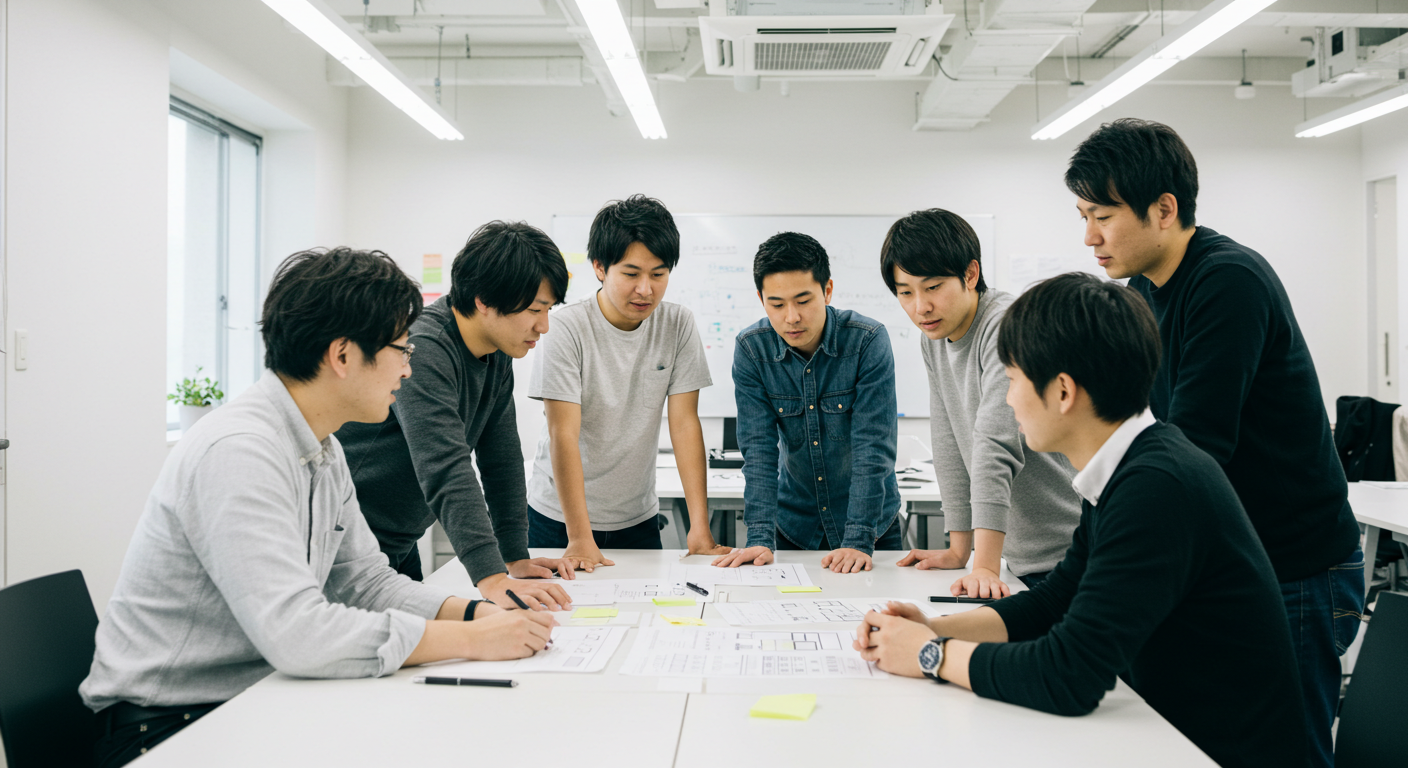 明るくモダンなオフィスに 7 人の若者が集まり、WEB 制作のアイデアを共同作業しています。書類や付箋に囲まれながらディスカッションに没頭し、実践ガイドを使ってグループ プロジェクトの賢い選択 (WEB制作会社選びなど) を行います。.