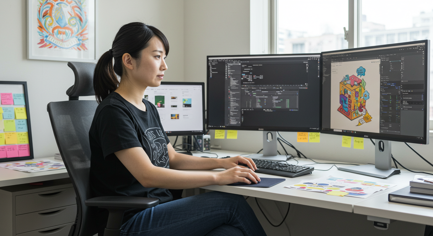 WEB制作会社で、女性が3台のモニターが置かれたデスクに座り、グラフィックデザインとコーディングに取り組んでいます。光が差し込む中、カラフルな付箋、スケッチ、アートワークがワークスペースを彩り、彼女の集中した表情を際立たせています。.