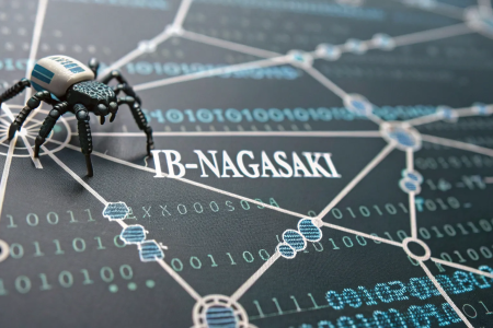 Googlebot に似たロボット スパイダーが、「ID-NAGASAKI」というラベルの付いたデジタル ネットワーク マップ上を歩きます。このマップには、サイバー セキュリティ、SEO データ ネットワーク、またはサイバー脅威を象徴するバイナリ コード、青い線、さまざまなポイントを結ぶノードが表示されます。.