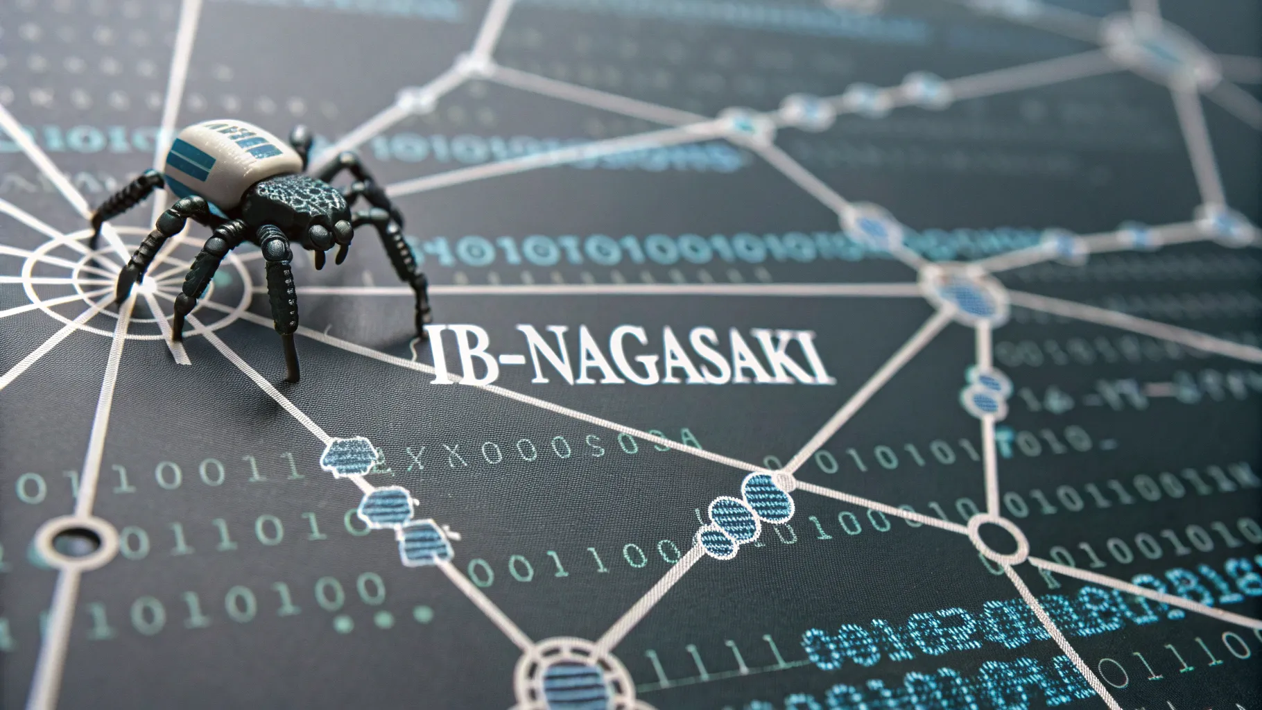 ロボットスパイダーが「ID-NAGASAKI」というラベルの付いたデジタルネットワークマップ上に立っています。暗い背景にはバイナリコード、データポイント、接続ノードが描かれており、サイバーセキュリティにおけるウェブクロール方式やデジタル監視を想起させます。.