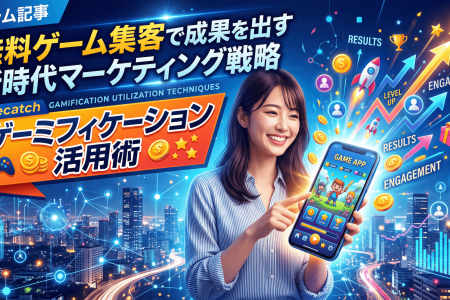 カラフルなゲームアプリが表示されたスマートフォンを手にする笑顔の女性。彼女の周りにはデジタルアイコンが浮かび上がり、エンゲージメントと結果を強調している。太い日本語のテキストは、顧客獲得の鍵となる「ゲーミフィケーション」と「無料ゲーム集客」をアピールしている。.